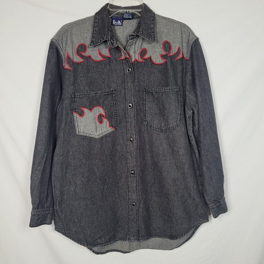 VTG LA Blues Shirt Mens M Black Denim Racing Flames Long Sleeve Hot Rod Moto 90s
